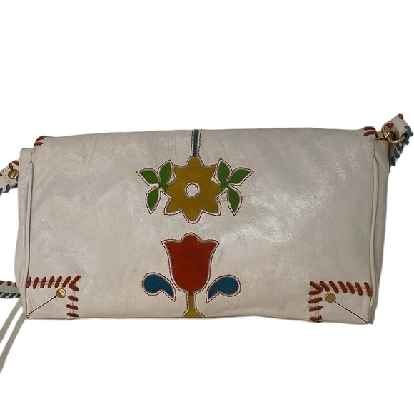 Loop Designer Envelope Purse Colorful Floral White Leather Stitching Bohemian - Picture 5 of 8
